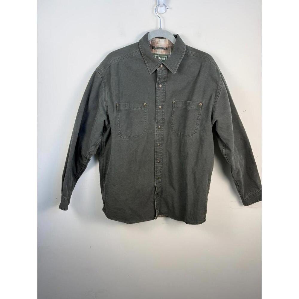 L.L. Bean Olive Green Flannel Lined Canvas Chore Snap Jacket Large Pockets - Picture 1 of 6